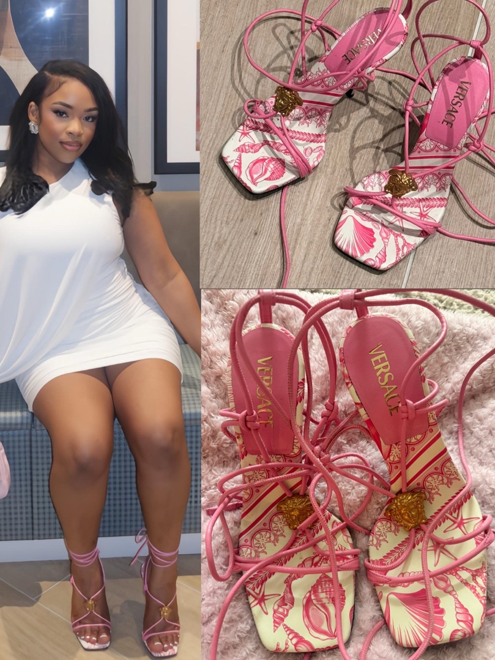 Versace Pink Lace-Up Medusa Strap Sandals with Printed Footbed